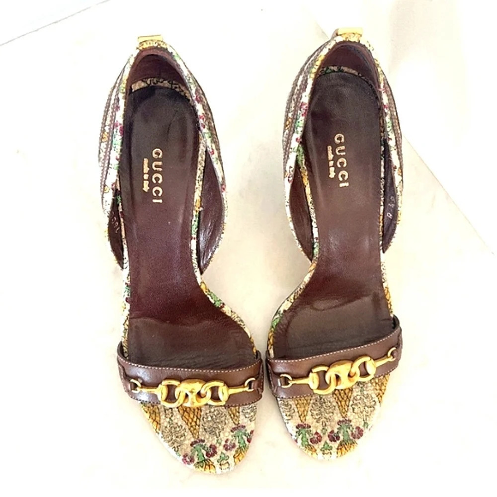 Gucci horsebit pineapple print brown leather d'Orsay vintage‎ heels size 6.5 - Picture 2 of 9